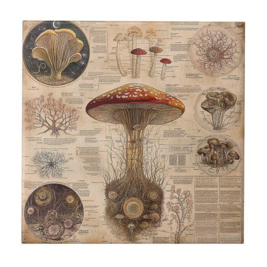 Carreau Graphique botanique de champignons vintage (2) (Devant)