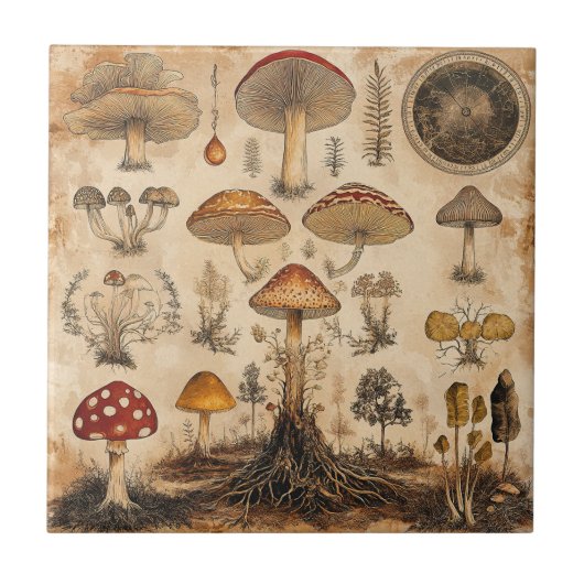 Carreau Graphique botanique de champignons vintage (6) (Devant)