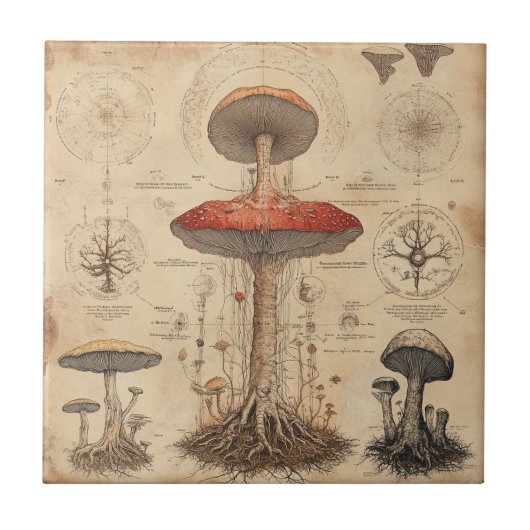 Carreau Graphique botanique de champignons vintage (8) (Devant)