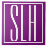 Carreau Gras moderne 3 initiales Monogramme | Blanc et pou<br><div class="desc">Texte blanc & cadre blanc sur violet (couleur arrière - plan changeable).</div>