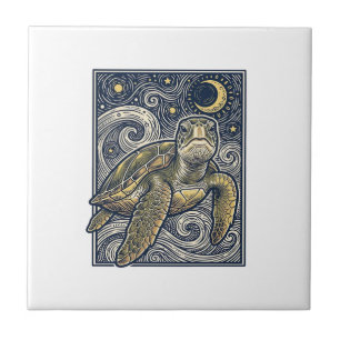 Carreau Gravure ancienne tortue marine nuit étoilée