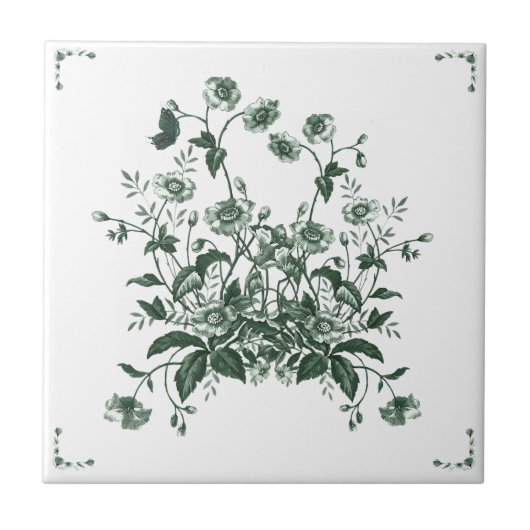 Carreau Green Flower Bush Toile Inspired Decorative Tile (Devant)
