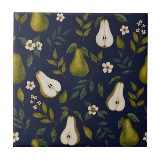 Carreau Green Pear Watercolor Pattern on Dark Blue (Devant)