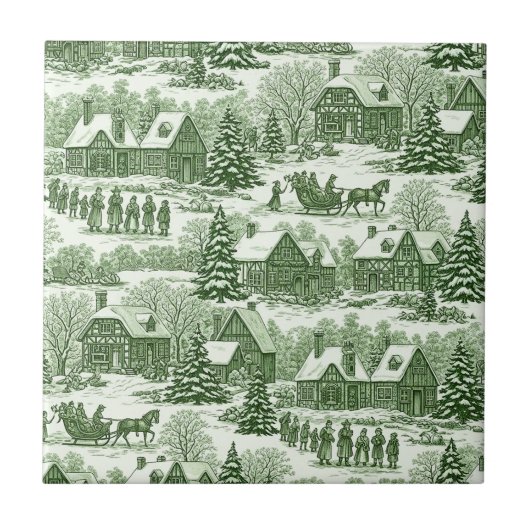 Carreau Green Toile Vintage Christmas Village Pattern (Devant)