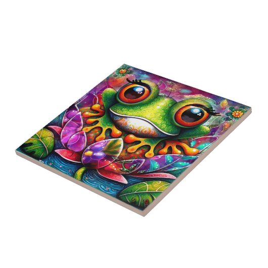 Carreau Grenouille Whimsical Peinture Abstraite Art Floral (Côté)