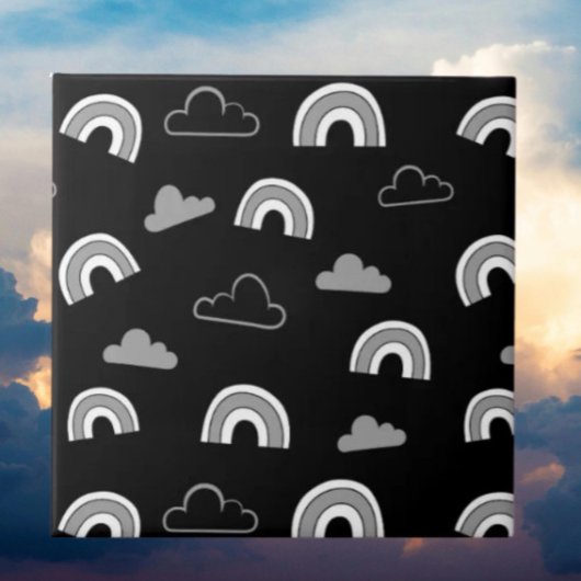 Carreau Grey Clouds and Rainbows on Black Ceramic Tile