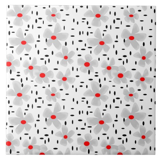Carreau gris avec des fleurs rouges sur fond blanc rétro (Devant)