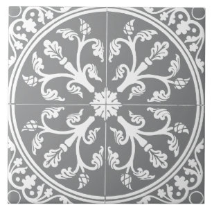 Carreau Gris et Blanc Cercle Abstrait Botanique Vintage