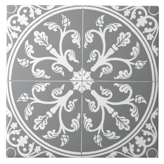 Carreau Gris et Blanc Cercle Abstrait Botanique Vintage (Devant)