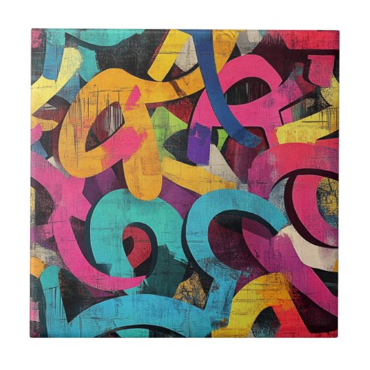Carreau Grunge Graffiti Abstrait en Rose Jaune Bleu (Devant)