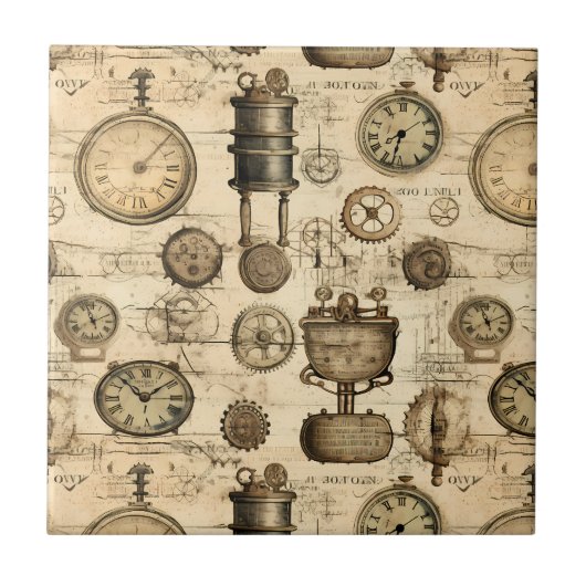 Carreau Grunge Rustic Steampunk Horloge (14) (Devant)