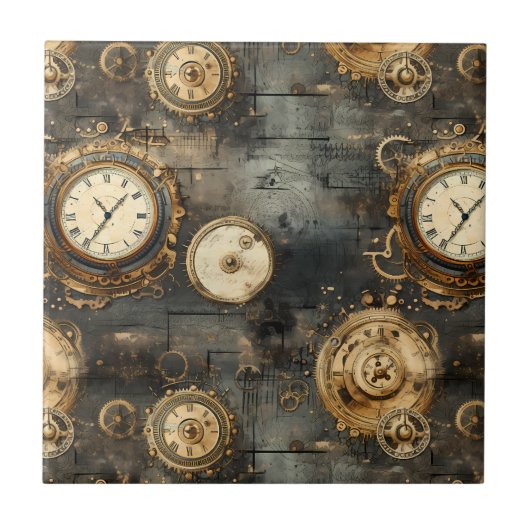 Carreau Grunge Rustic Steampunk Horloge (8) (Devant)
