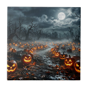 Carreau Halloween avec des arbres effrayants et des citrou