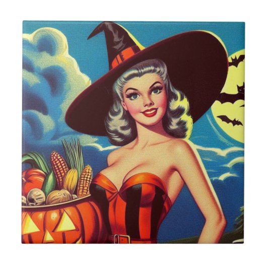 Carreau Halloween rétro Pin-up sorcière (Devant)