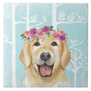 Carreau Happy Flower Animal dans Blue Forest-Dog-Retriever