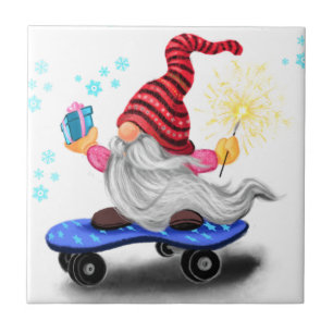 Carreau Happy Skater Gnome avec des cadeaux et Sparkler - 