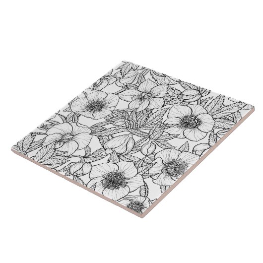 Carreau Hellebores en noir et blanc (Côté)