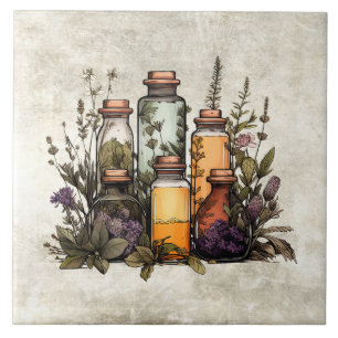 Carreau Herbes et épices rustiques en bouteilles aquarelle