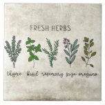 Carreau Herbes fraîches Basil de thym Ferme rustique<br><div class="desc">Herbes fraîches,  y compris le thym,  le basilic,  la sauge,  le romarin et l'origan sur un arrière - plan rustique. Un simple graphisme aquarelle a été utilisé pour fabriquer ce carrelage en céramique de la ferme.</div>