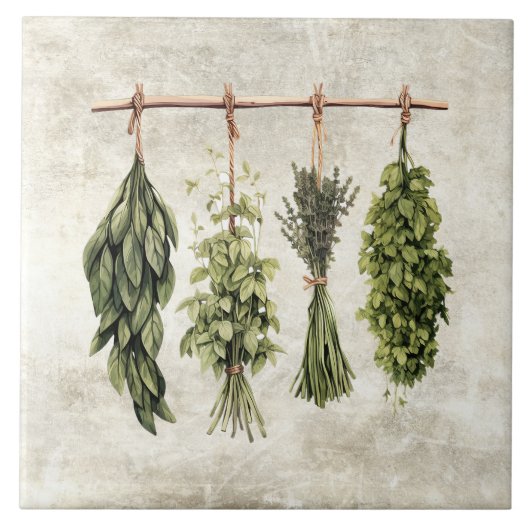 Carreau Herbes rustiques séchant sur de la ficelle (Devant)
