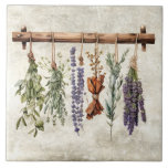 Carreau Herbes séchées rustiques Faux Texture Vintage<br><div class="desc">Arrière - plan rustique à texture fausse avec des herbes de séchage accrochées à une branche. Un air de pays vintage. Idéal pour votre pays Maison de ferme en français ou en cottage.</div>
