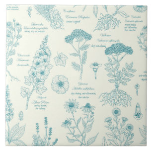 Carreau Herbier de jardin médicinal en bleu et blanc cassé