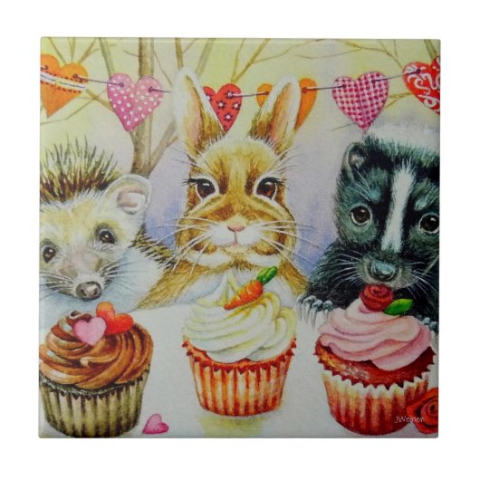 Carreau Hérisson Rabbit Skunk & Cupcakes Watercolor Art (Devant)