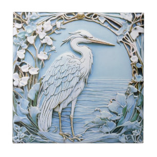 Carreau Heron Sea Bird Art Nouveau Faux Relief Bleu droit