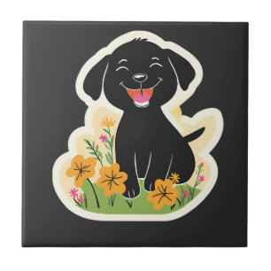 Carreau Heureux chiot noir dans les fleurs sauvages