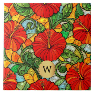 Carreau Hibiscus Or Rouge Faux Vitrail Monogramme