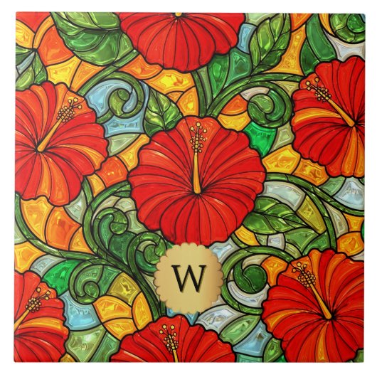 Carreau Hibiscus Or Rouge Faux Vitrail Monogramme (Devant)