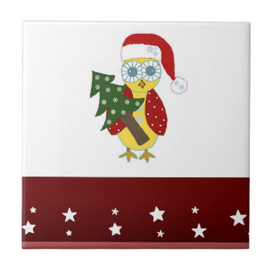 Carreau Hibou avec un chapeau de Père Noël et un arbre de