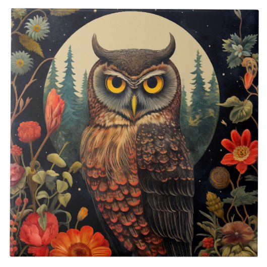 Carreau Hibou la nuit avec une pleine lune (Devant)