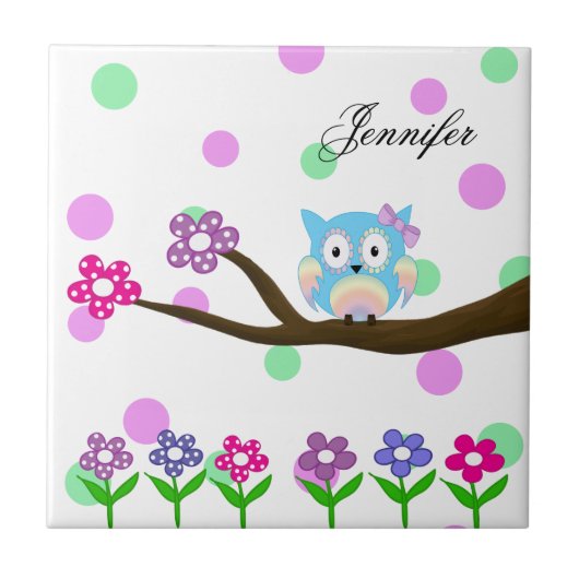 Carreau Hibou multicolore hippie sur l'arbre et les fleurs (Devant)