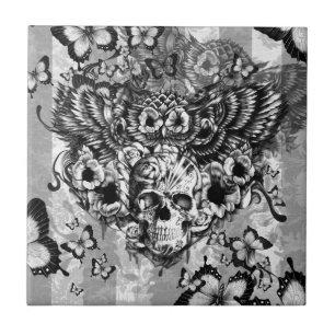 Carreau Hibou perdu et trouvé, floral avec le crâne de