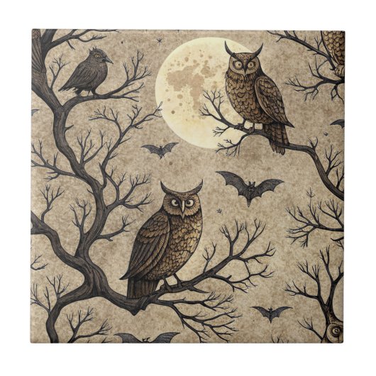 Carreau Hiboux et lune d'Halloween vintage (Devant)