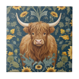 Carreau Highland Cow William Morris style tournesol jaune
