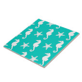 Carreau Hippocampe et étoile de mer - blanc sur turquoise (Côté)