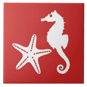 Carreau Hippocampe et étoile de mer - corail rouge foncé e