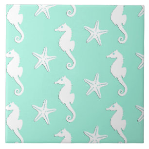 Carreau Hippocampe et étoiles de mer - blanc sur l'aqua