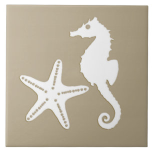 Carreau Hippocampe et étoiles de mer - blanc sur le tanqu