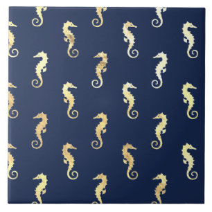 Carreau Hippocampes de ton doré sur fond bleu marine