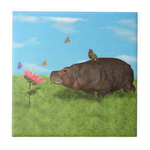 Carreau Hippopotame heureux, fleur, papillons