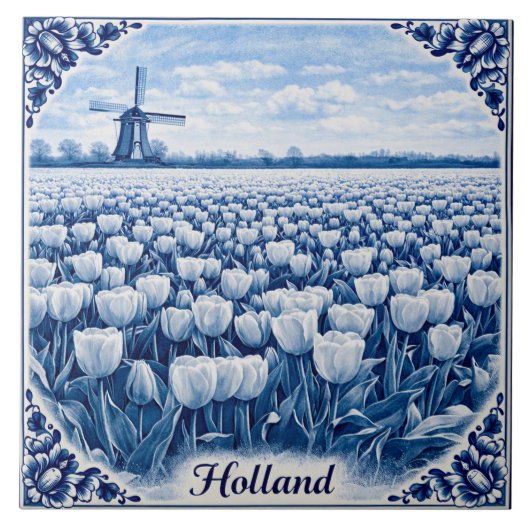 Carreau Holland tulips Delft Blue style ceramic tile (Devant)