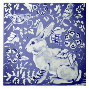 Carreau Hollandais Blue Rabbit Bird Floral Foliage Décor T