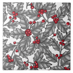 Carreau Holly berry, gray leaves on white