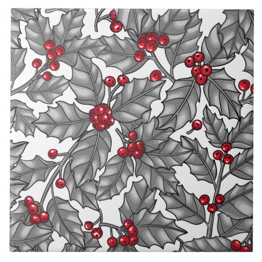 Carreau Holly berry, gray leaves on white (Devant)