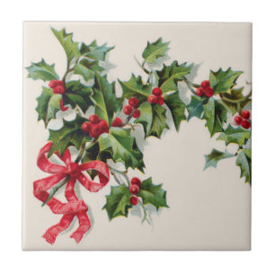 Carreau Holly Winterberry Ruban Rouge