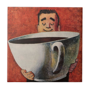 Carreau Homme heureux vintage buvant une tasse géante de c