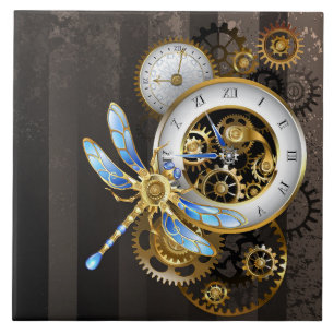 Carreau Horloge Steampunk avec libellule mécanique